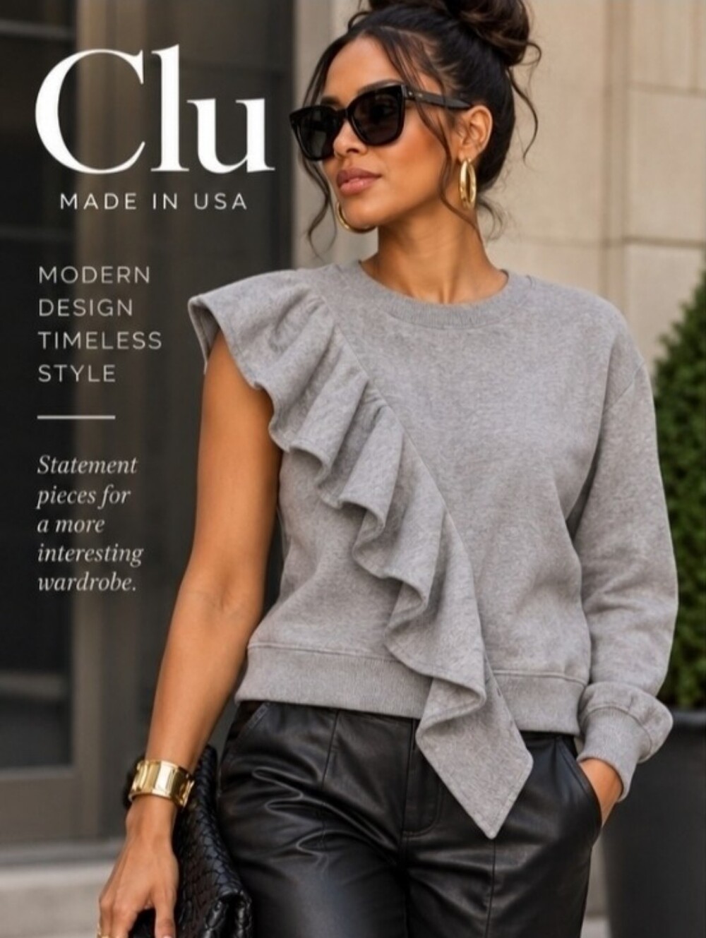 Clu Women’s XS Gray One Sleeve Ruffle Sweatshirt NWT Made in USA Asymmetrical